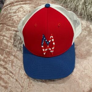 Morgan Wallen Red and Blue Trucker Hat with American Flag Logo